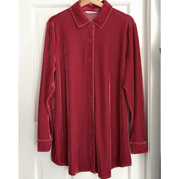 Soft Surroundings Velvet Boyfriend Tunic Button Up Shirt Garnet Red Cozy Luxe L - Picture 4 of 16